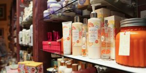 body care products on a shelf at Uncommon Scents at the Meridian